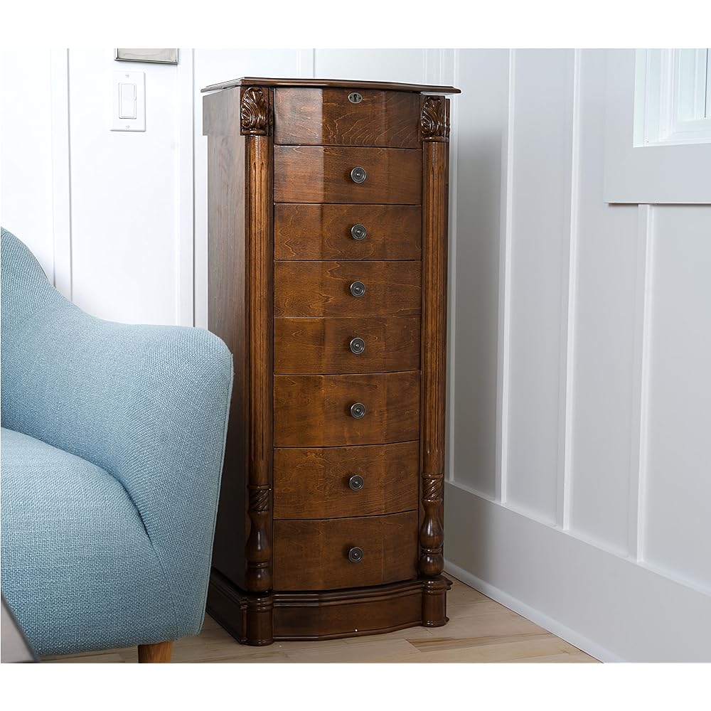 Hives and Honey Angelique Standing Jewelry Armoire, Locking Jewelry Cabinet, 7 Drawers, Necklace Hooks, Mirror, Secure Storage, Dual-Sided Doors, Handcrafted Antique Finish, Elegant Organizer, Walnut