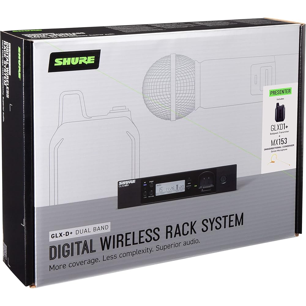 Shure GLXD14R+/MX53 Dual Band Pro Digital Wireless Microphone System 12-Hour Battery Life, 100 ft Range | MX153 Headset Mic, Single Channel Rack Mount Receiver (GLXD14R+/MX53-Z3)