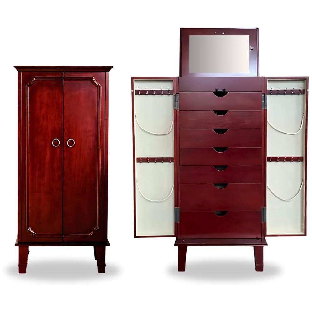 Hives and Honey Casey Fully Locking Jewelry Armoire – Wood Cabinet with Mirror, 7 Storage Drawers, Necklace Hooks, Anti-Tarnish Lining, Divided Compartments – Cherry