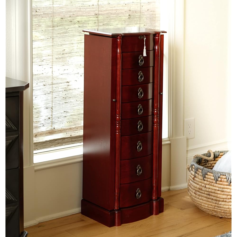 Hives and Honey Robyn Traditional Standing Jewelry Armoire Cabinet, Antique Locking Storage Organizer with Mirror, 8 Drawers, Necklace Hooks, Anti-Tarnish Lining, Cherry