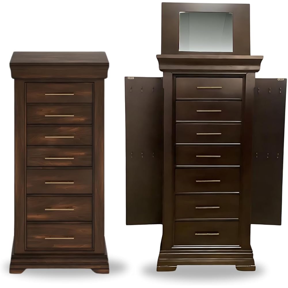 Hives and Honey Haley 7 Felt-Lined Drawers, Necklace Hooks, Mirror, Pull-Out Lid, Ring Rolls, Brass Hardware – Classic Storage Organizer for Women Jewelry Armoire, Walnut