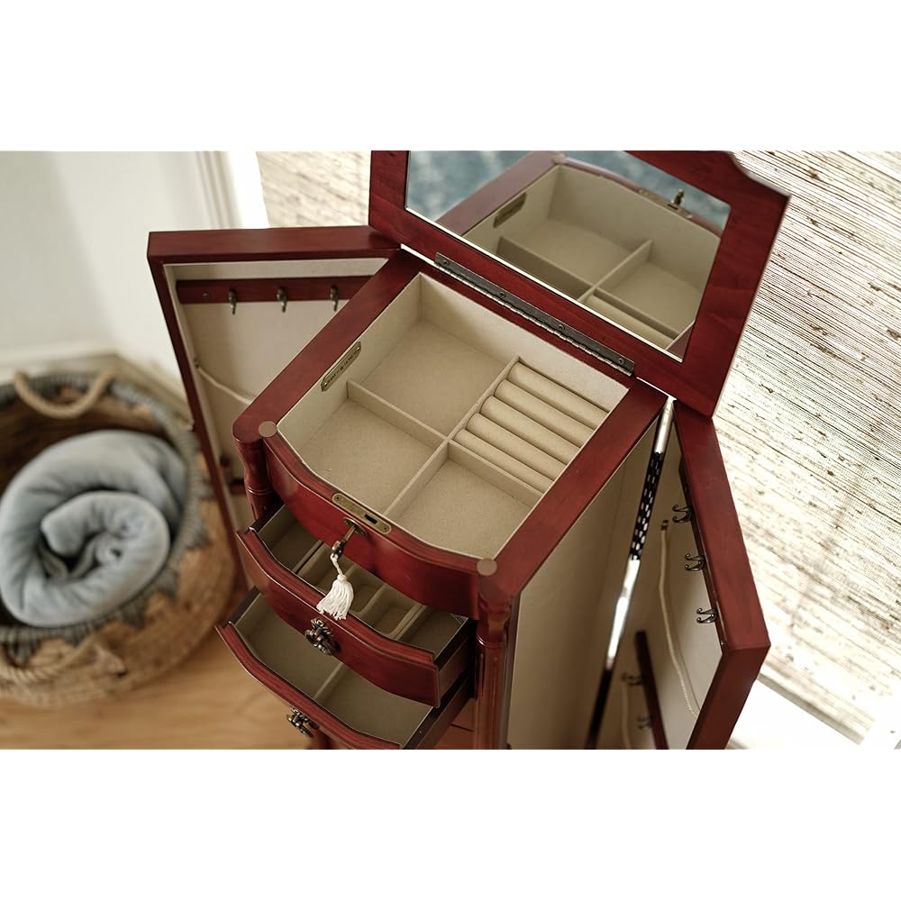 Hives and Honey Robyn Traditional Standing Jewelry Armoire Cabinet, Antique Locking Storage Organizer with Mirror, 8 Drawers, Necklace Hooks, Anti-Tarnish Lining, Cherry