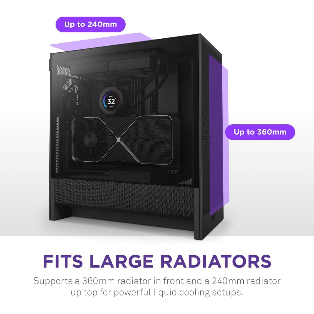 NZXT H5 Flow 2024 Compact ATX Mid-Tower PC Gaming Case High Airflow 2 x 120mm Fans Included 360mm Front &amp; 240mm Top Radiator Support Cable Management System Tempered Glass Black