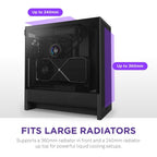NZXT H5 Flow 2024 Compact ATX Mid-Tower PC Gaming Case High Airflow 2 x 120mm Fans Included 360mm Front &amp; 240mm Top Radiator Support Cable Management System Tempered Glass Black