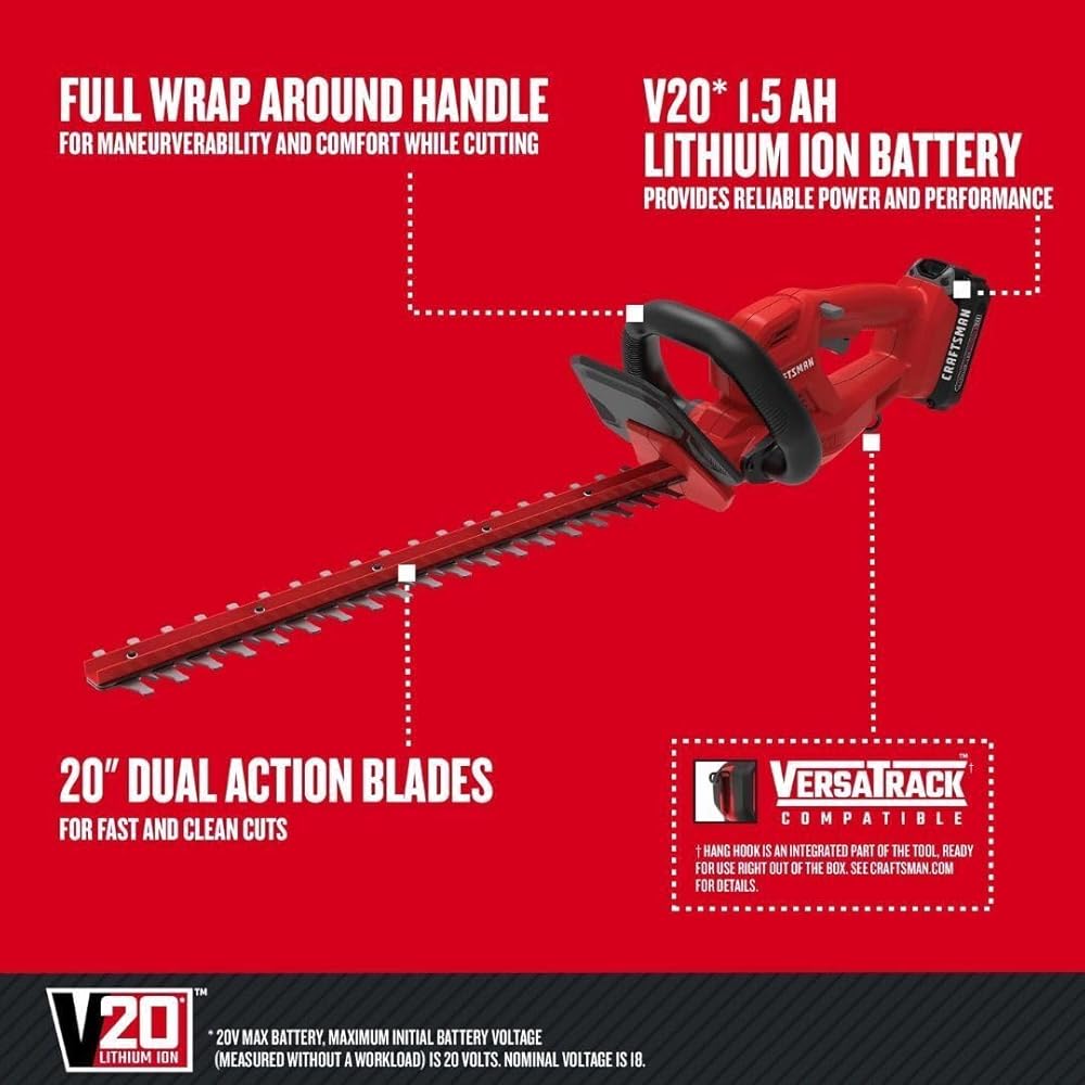CRAFTSMAN V20 Cordless Hedge Trimmer, 20 inch, Battery and Charger Included (CMCHT810C1)