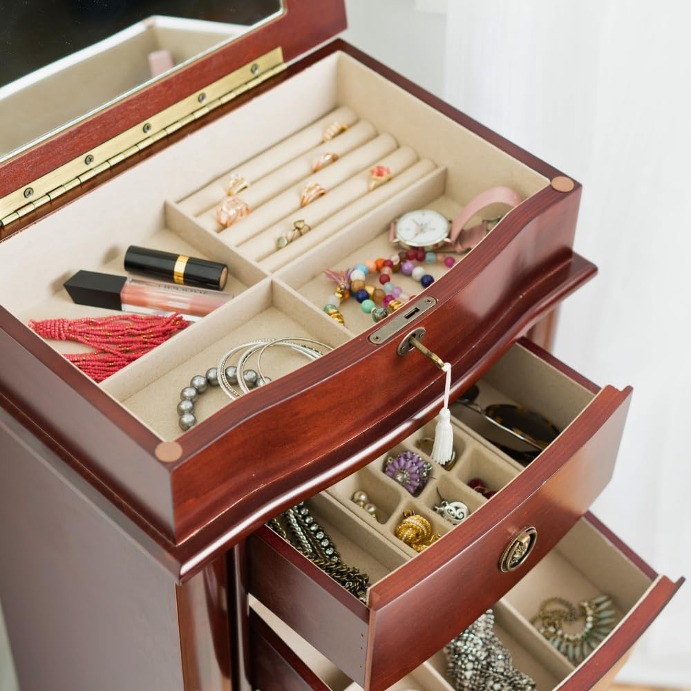 Alveare Home North Locking 7-Drawer Jewelry Armoire – Spacious Organizer with Mirror, Necklace Hooks &amp; Anti-Tarnish Lining, Cherry